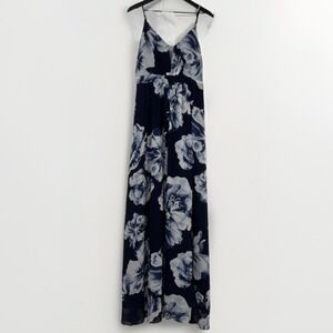 Windsor Floral Print Maxi Dress Large Navy Blue White Spaghetti Straps Slit Mesh